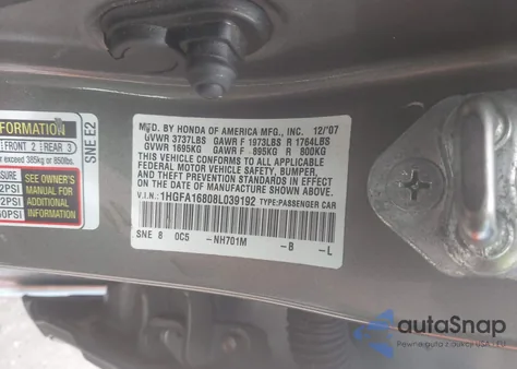 2008 Honda Civic Ex из США, поврежденный, VIN 1HGFA16808L039192